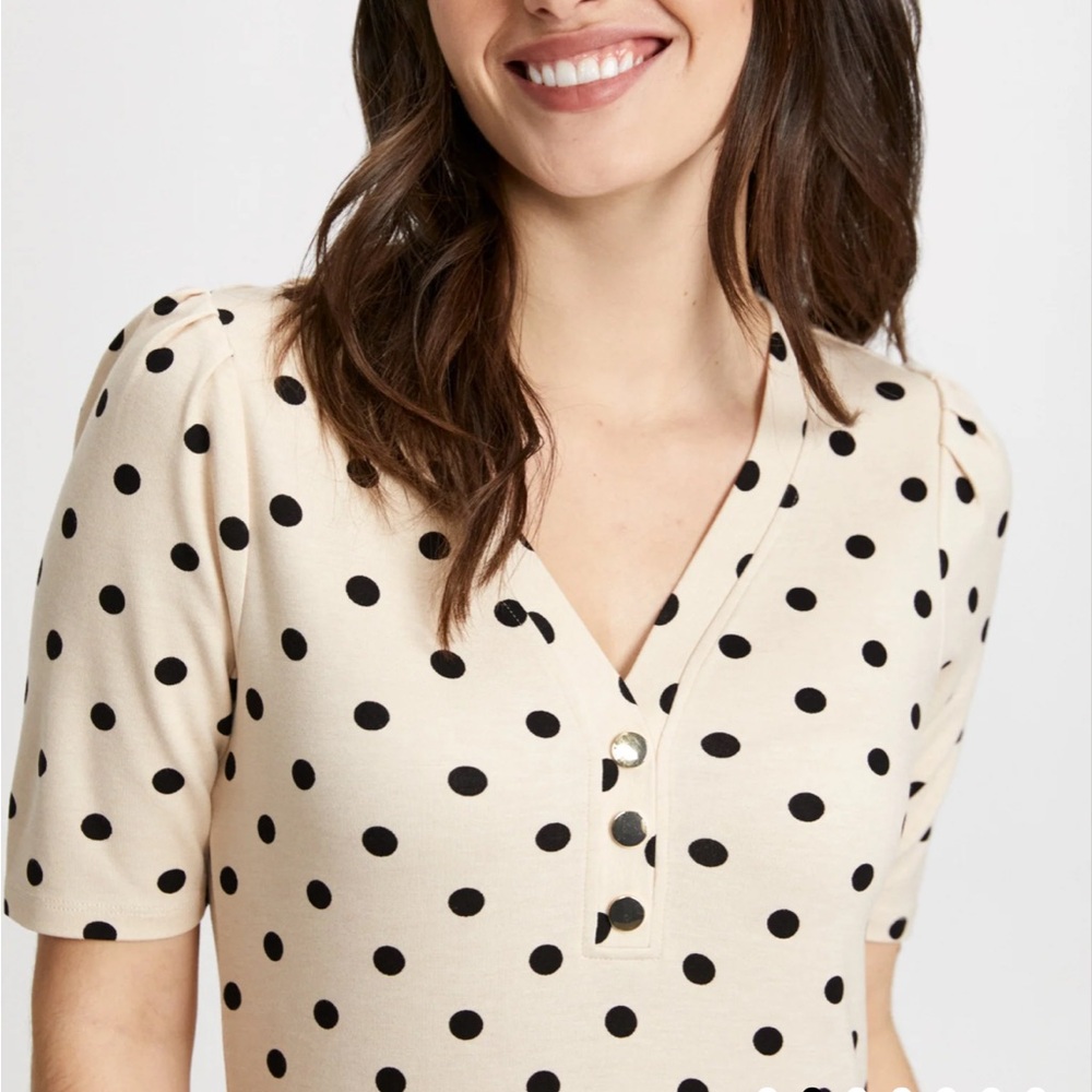 Laura Polka Dot V-Neck Top Tan Black - Picture 4 of 12